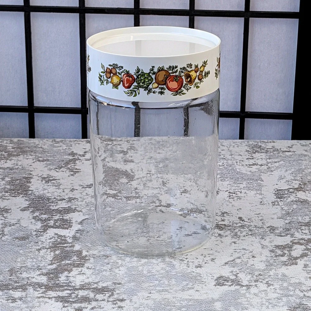 Vintage Pyrex Ware Glass Canister Jar Kitchen Storage Fruit Floral Lid White